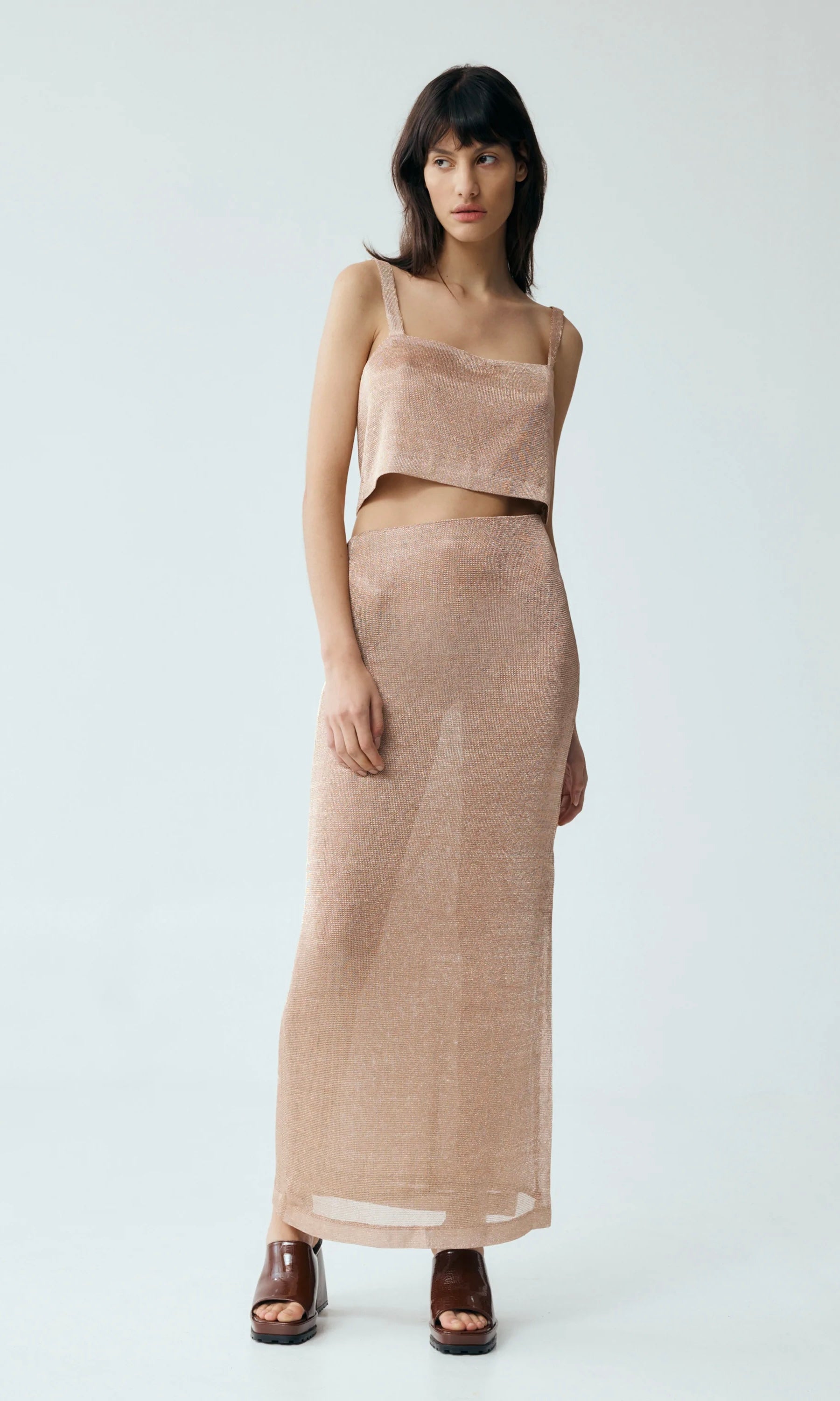 Third Form Heavy Metal Knit Maxi Skirt In Rose Gold