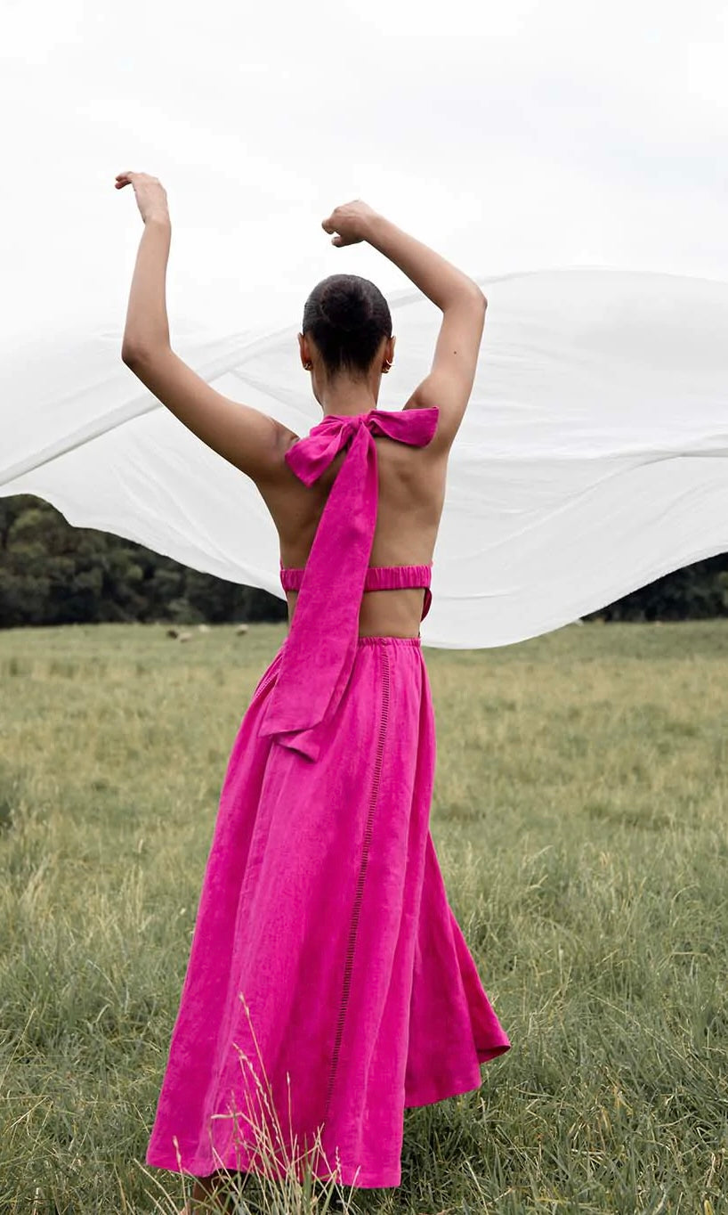 Joslin Chloe Linen Midi Dress In Bougainvillea Pink